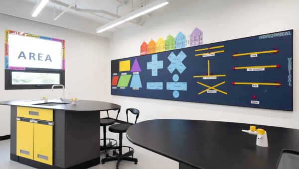 A maths classroom at BASIS International School Bangkok with a wall display of shapes and operations
